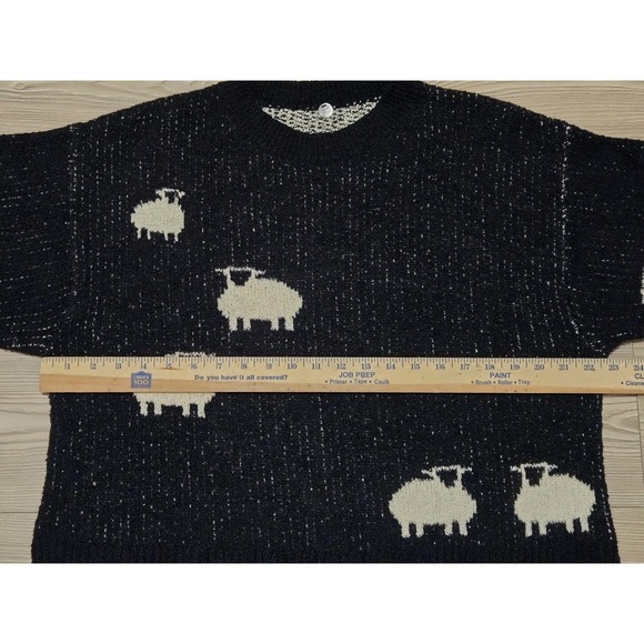 Margaret O'Leary Sheep Cotton Blend Crewneck Sweater Black/Ivory Size M EUC - Picture 3 of 8